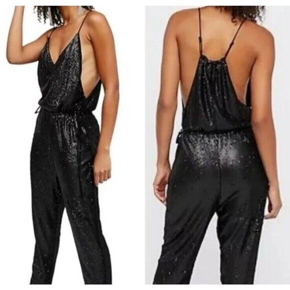 Free People Black Sequins Jumpsuit  SZ Small - Picture 1 of 6